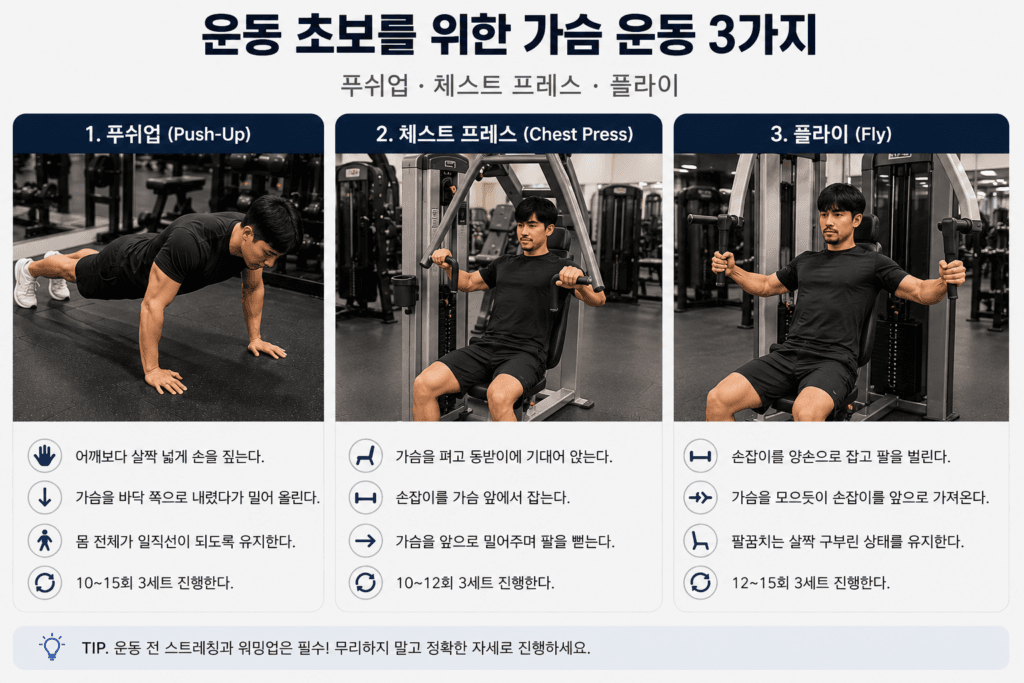 운동 초보를 위한 가슴 운동 푸쉬업 체스트 프레스 플라이 운동 방법