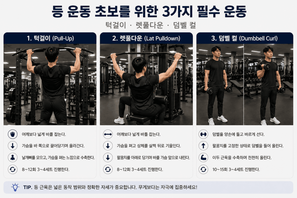 운동 초보를 위한 등 운동 턱걸이 렛풀다운 덤벨 컬 운동 방법