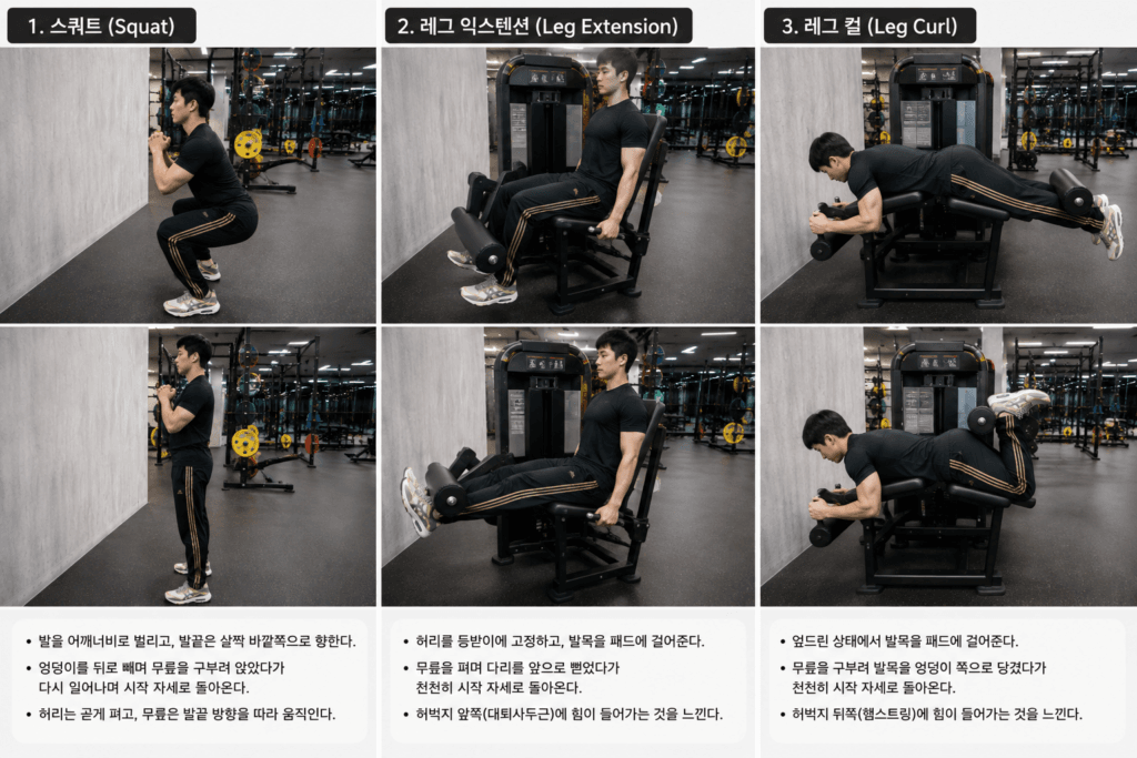 부위별 통증 무릎 통증 완화를 위한 스쿼트 레그 익스텐션 레그 컬 운동