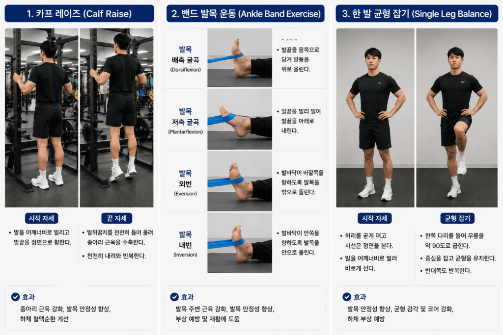부위별 통증 발목 통증 완화를 위한 카프 레이즈 밴드 발목 운동 한 발 균형 잡기 운동