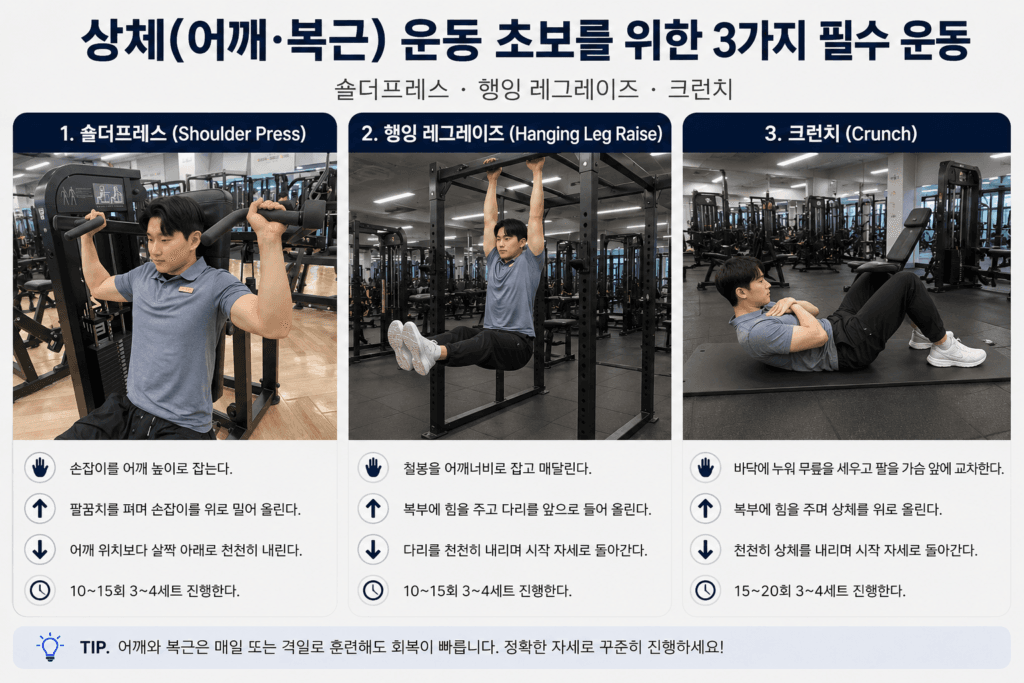 운동 초보를 위한 어깨 복근 운동 숄더프레스 행잉 레그레이즈 크런치 운동 방법
