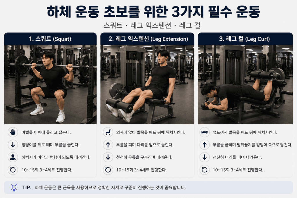 운동 초보를 위한 하체 운동 스쿼트 레그 익스텐션 레그 컬 운동 방법